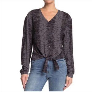 C&C California Grey Long Sleeve Animal Print Tie Top - Size Medium